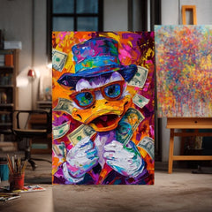 Модерна слика на платно со мотив Money Duck, очила во портокалово-виолетово нијанси, енергична атмосфера, поп култура | Слика Money Duck – производ