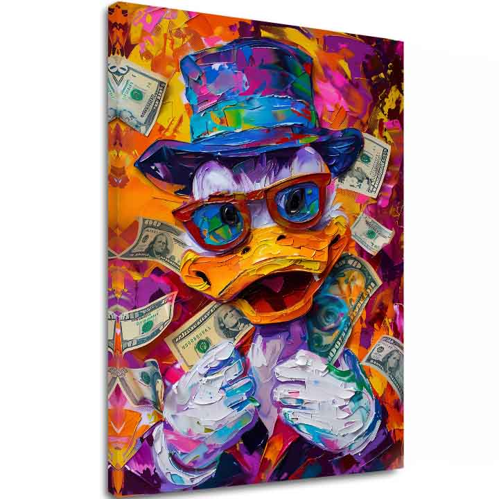 Модерна слика на платно со мотив Money Duck, очила во портокалово-виолетово нијанси, енергична атмосфера, поп култура | Слика Money Duck – главна