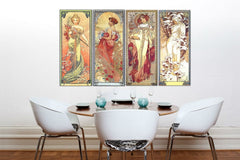 Винтиџ слика на платно со мотив ŠTYRI ROČNÉ OBDOBIA 120x70 cm – Alfons Mucha, мапа во зелено-златно нијанси закачена во ентериер на кујна – ентериер