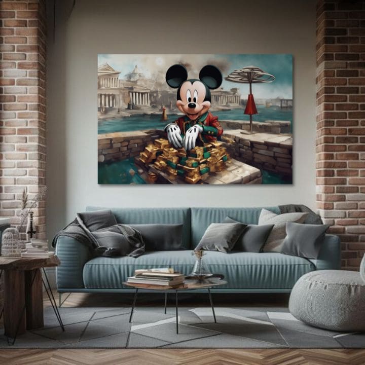 Класична слика на платно со мотив Bohatý Mickey Mouse, детски мотив, природа во сино-зелено нијанси, погоден за дневна соба | Слика на платно - Bohatý Mickey Mouse – производ