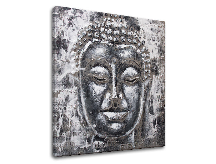 Индустриска слика на платно со мотив BUDHA, Buddha во бело-сиво нијанси, мирна атмосфера, vnútorný mier, погоден за спална соба | Слика на платно BUDHA – производ