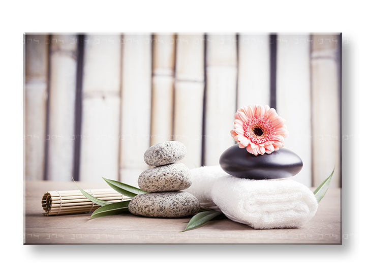 Класична слика на платно со мотив FENG SHUI, бамбус, цвеќиња, природа во беж-розово нијанси, мирна атмосфера, природа, погоден за дневна соба – главна