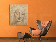Винтиџ слика на платно со мотив HLAVA ЖЕНИ 3 – Leonardo Da Vinci, пејзаж, природа во портокалово нијанси закачена во ентериер на работна соба, духовност и убавина – ентериер
