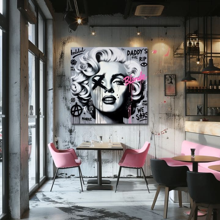 Модерна слика на платно со мотив Hollywoodska Legenda Marilyn Monroe во розово нијанси, дрска атмосфера, слава, погоден за дневна соба | Слика на платно - Hollywoodska Legenda Marilyn Monroe