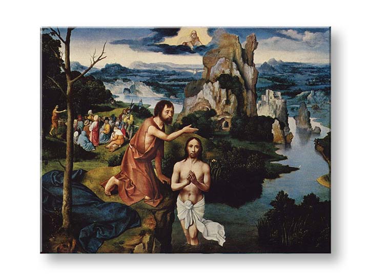 Модерна слика на платно со мотив Joachim Patinir - Krst Ježiša Krista, замок во кафеаво-сино нијанси, свечена атмосфера, природа | Слика на платно Joachim Patinir - Krst Ježiša Krist..., поглед 2