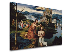 Модерна слика на платно со мотив Joachim Patinir - Krst Ježiša Krista, замок во кафеаво-сино нијанси, свечена атмосфера, природа | Слика на платно Joachim Patinir - Krst Ježiša Krista – главна