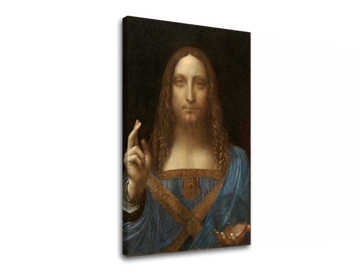 Винтиџ слика на платно со мотив Leonardo da Vinci - Salvator Mundi, мапа, природа во сино-златно нијанси, свечена атмосфера, погоден за дневна соба – главна