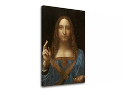 Винтиџ слика на платно со мотив Leonardo da Vinci - Salvator Mundi, мапа, природа во сино-златно нијанси, свечена атмосфера, погоден за дневна соба – главна