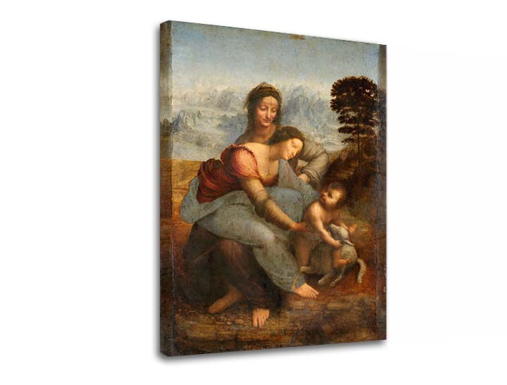 Винтиџ слика на платно со мотив Leonardo da Vinci - Svatá семејство so svatou Annou, дете, пејзаж во сино-зелено нијанси, погоден за ходник – производ