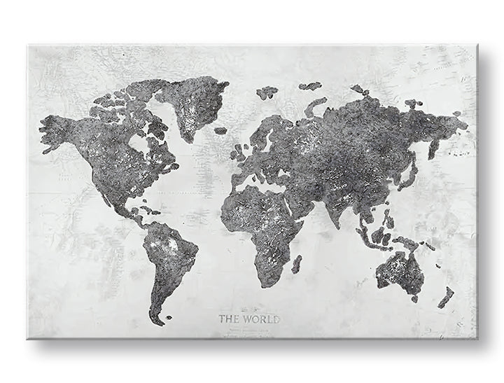 Индустриска слика на платно со мотив MAPA SVETA, мапа, природа во бело-сиво нијанси, софистицирана атмосфера, погоден за канцеларија | Слика на платно MAPA SVETA – главна