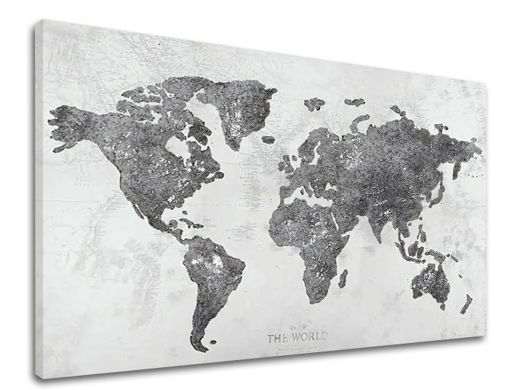 Индустриска слика со мотив MAPA SVETA, мапа, природа во бело-сиво нијанси | Слика на платно MAPA SVETA – преглед