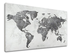 Индустриска слика на платно со мотив MAPA SVETA, мапа, природа во бело-сиво нијанси, софистицирана атмосфера, погоден за канцеларија | Слика на платно MAPA SVETA – производ