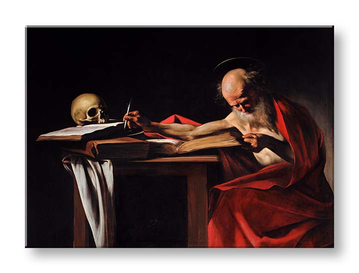 Винтиџ слика на платно со мотив Michelangelo Caravaggio - Свет Jeroným, череп, мапа во кафеаво-црвено нијанси, свечена атмосфера, погоден за работна соба – производ, поглед 2