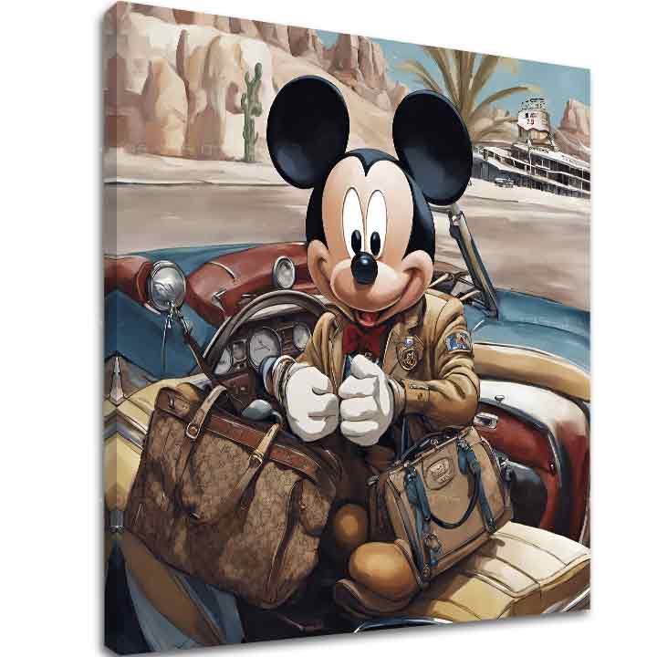 Винтиџ слика на платно со мотив Mickey Mouse na Dovolenke, пејзаж во сино-црвено нијанси, авантура и носталгија, погоден за детска соба – главна