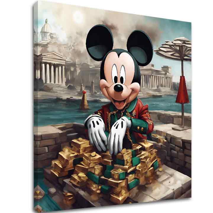 Индустриска слика на платно со мотив Mickey Mouse v Luxuse, детски мотив во златно нијанси, поп култура, погоден за дневна соба | Слика на платно - Mickey Mouse v Luxuse – главна