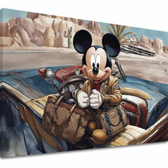 Поп арт слика на платно со мотив Štýlový Mickey Mouse, автомобил, патнички мотив во сино-црвено нијанси, авантура и носталгија – главна