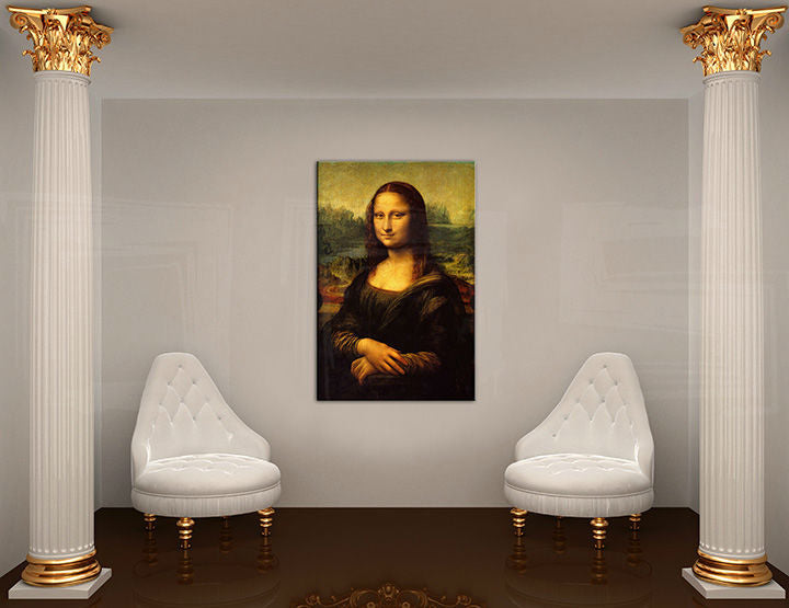 Поп арт слика на платно со мотив MONA LISA – Leonardo Da Vinci, пејзаж, градски мотив, природа во бело-златно нијанси закачена во ентериер на работна соба – ентериер