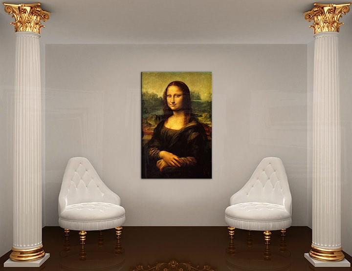 Поп арт слика со мотив MONA LISA – Leonardo Da Vinci, пејзаж, градски мотив во бело-златно нијанси | Слика на платно MONA LISA – Leonardo Da Vinci – преглед