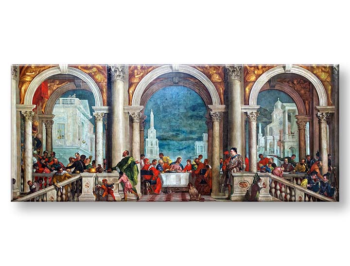 Поп арт слика на платно со мотив Paolo Veronese - Kristus v Leviho dome во беж-сино нијанси, свечена атмосфера, прослава, погоден за дневна соба – производ, поглед 2