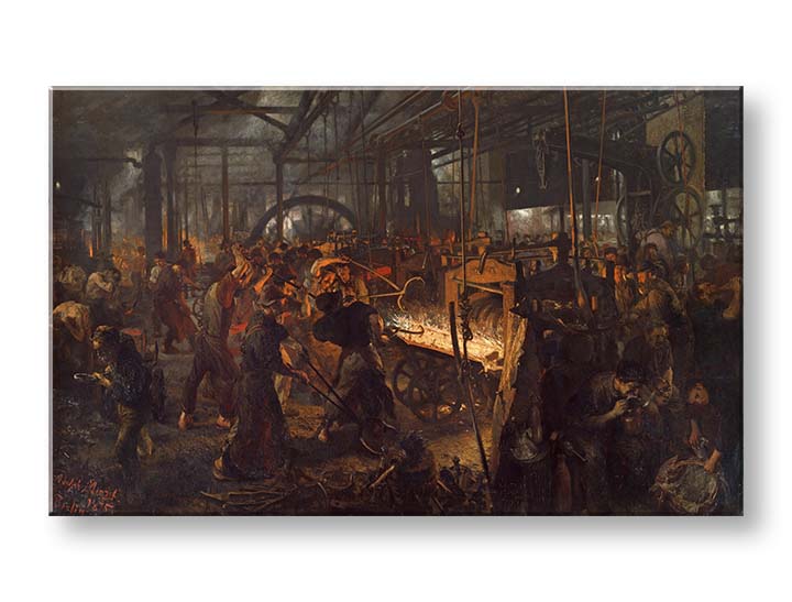 Модерна слика на платно со мотив Adolph Menzel - Valcovňa železa во црно-жолто нијанси | Слика на платно Adolph Menzel - Valcovňa železa – производ