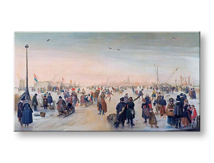 Модерна слика на платно со мотив Hendrick Avercamp - Zábava na lade v meste, птици во кафеаво нијанси, живописна атмосфера | Слика на платно Hendrick Avercamp - Zábava na lade v meste – производ