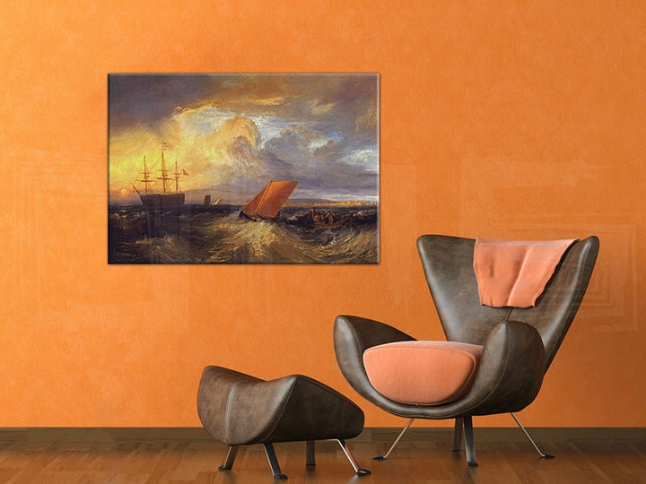 Винтиџ слика со мотив SHEERNESS VISTA DAL NORE – William Turner, океан, залез на сонце во сино-портокалово нијанси – преглед
