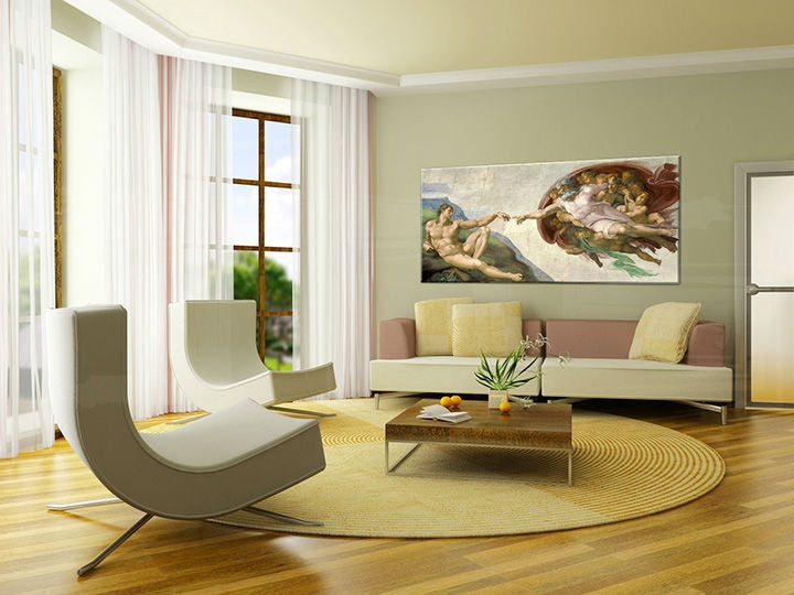 Винтиџ слика на платно со мотив CREATION OF ADAM – Michelangelo REP164, религиозен мотив, природа во беж-сино нијанси закачена во ентериер на дневна соба – ентериер
