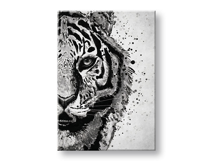 Модерна слика на платно со мотив TIGER 001, тигар, пејзаж во бело-сиво нијанси, интензивна атмосфера, природа и сила, погоден за работна соба – главна