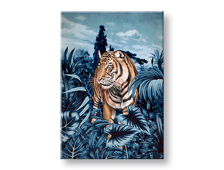 Поп арт слика на платно со мотив TIGER V PRÍRODE 001, тигар, дрвја, небо, облаци во бело-сино нијанси, мирна атмосфера, погоден за дневна соба – главна