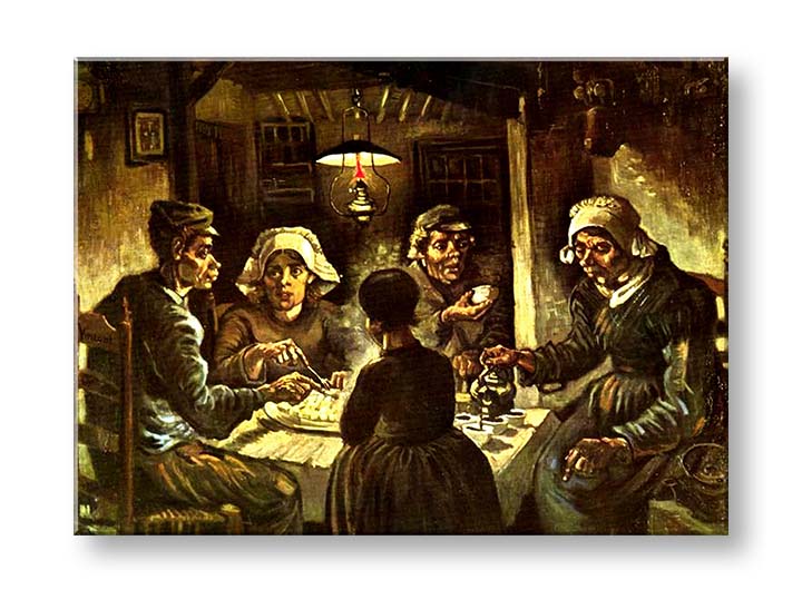 Винтиџ слика на платно со мотив Vincent van Gogh - Jedáci zemiakov, мапа, природа во беж-кафеаво нијанси, мрачна атмосфера, погоден за кујна – производ, поглед 2
