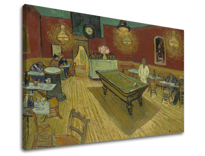 Винтиџ слика на платно со мотив Vincent van Gogh - Nočná kaviareň, часовник, мапа, природа во кафеаво-зелено нијанси, погоден за кујна | Слика на платно Vincent van Gogh - Nočná kaviareň – производ