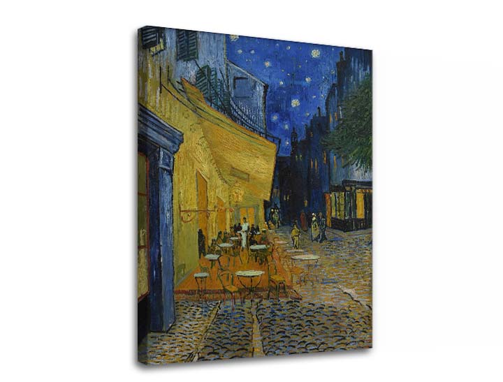 Винтиџ слика на платно со мотив Vincent van Gogh - Café Terrace at Night во сино-црно нијанси, мирна атмосфера, градски живот и самотија – производ