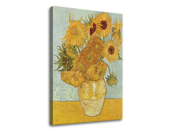 Винтиџ слика на платно со мотив Vincent van Gogh - Váza s dvanástimi slnečnicami, ваза, цвеќиња во сино-жолто нијанси, живописна атмосфера, погоден за дневна соба – производ