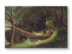 Винтиџ слика на платно со мотив Winslow Homer - Dievča v hojdacej sieti, книга, дрвја, пејзаж, мапа во зелено нијанси, мирна атмосфера – производ, поглед 2