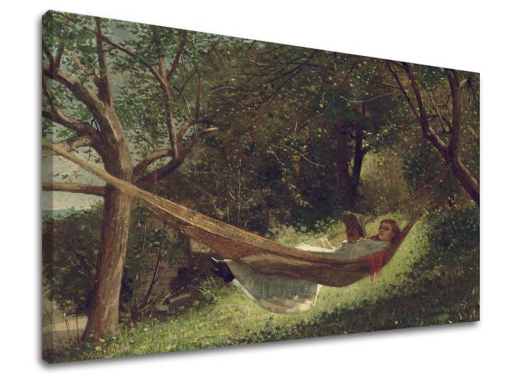 Винтиџ слика на платно со мотив Winslow Homer - Dievča v hojdacej sieti, книга, дрвја, пејзаж, мапа во зелено нијанси, мирна атмосфера – производ