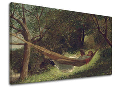 Винтиџ слика на платно со мотив Winslow Homer - Dievča v hojdacej sieti, книга, дрвја, пејзаж, мапа во зелено нијанси, мирна атмосфера – производ