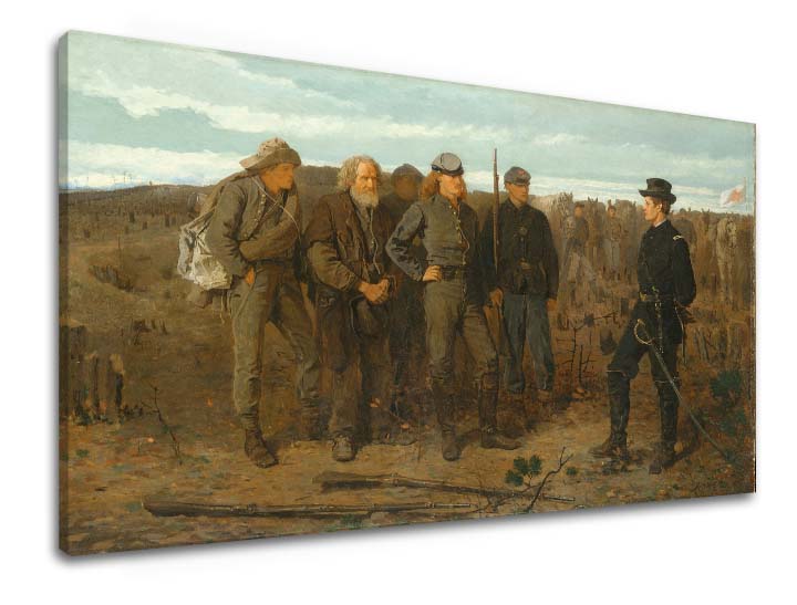 Винтиџ слика на платно со мотив Winslow Homer - Затвореници z frontu, коњи, пејзаж, мапа, природа во беж-сино нијанси, свечена атмосфера – производ