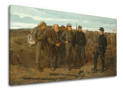 Винтиџ слика на платно со мотив Winslow Homer - Затвореници z frontu, коњи, пејзаж, мапа, природа во беж-сино нијанси, свечена атмосфера – производ