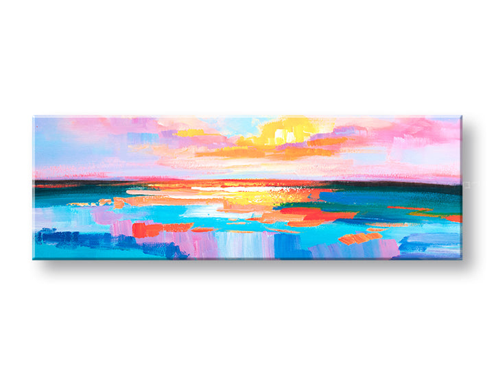 Поп арт слика на платно со мотив ЗАЛЕЗ НА СОНЦЕ, океан, небо, пејзаж, море и плажа во бело-сино нијанси, мирна атмосфера, погоден за канцеларија – главна