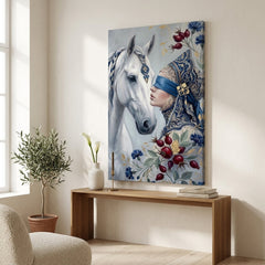 Мистична слика на жена со бел коњ закачена во модерен ентериер на дневна соба, над стилска дрвена конзола со декорации.