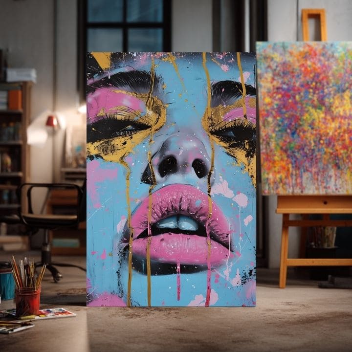 Рачно насликана слика на платно со мотив Neon Lips na платно во сино-златно нијанси, смела атмосфера, убавина | Слика Neon Lips na платно – производ
