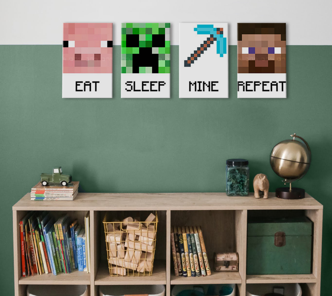 Модерна слика на платно во зелено-бело нијанси, разиграна атмосфера, детство | Minecraft слика - Najlepšie postavičky na платно - Eat, Sleep, Mine, Repeat – производ, поглед 2