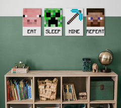 Модерна слика на платно во зелено-бело нијанси, разиграна атмосфера, детство | Minecraft слика - Najlepšie postavičky na платно - Eat, Sleep, Mine, Repeat – производ, поглед 2