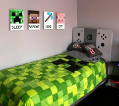 Модерна слика на платно во зелено-бело нијанси, разиграна атмосфера, детство | Minecraft слика - Najlepšie postavičky na платно - Eat, Sleep, Mine, Repeat – главна
