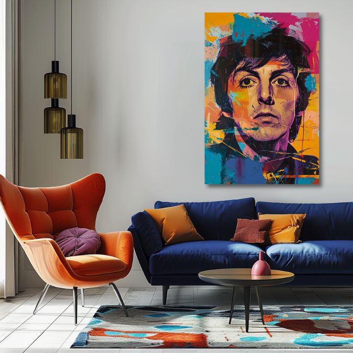 Рачно насликана слика на платно со мотив Paul McCartney - Beatlesovský génius во жолто-виолетово нијанси, енергична атмосфера | Слика Paul McCartney - Beatlesovský génius – производ, поглед 2