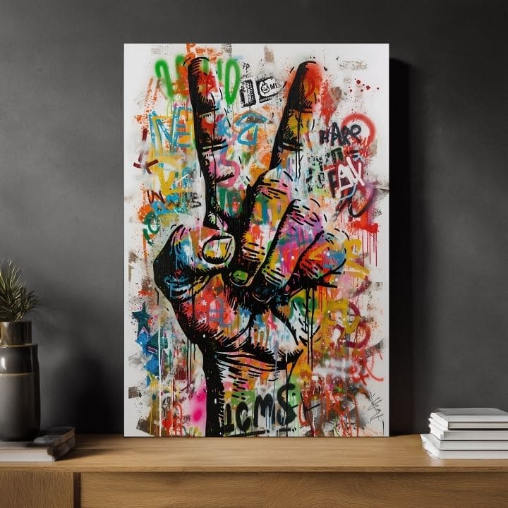 Модерна слика на платно со мотив Peace Hand во бело-црно нијанси, енергична атмосфера, слобода | Слика Peace Hand – производ [XOBWSPP029E1]