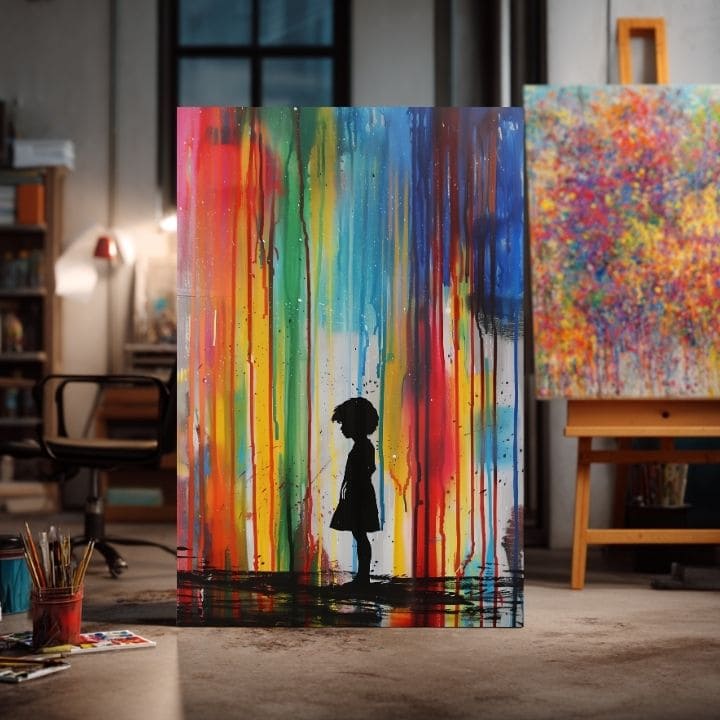 Рачно насликана слика на платно со мотив Rainbow Silhouette na платно, виножито во сино-зелено нијанси, меланхолична атмосфера | Слика Rainbow Silhouette na платно – производ, поглед 4