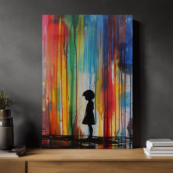 Рачно насликана слика на платно со мотив Rainbow Silhouette na платно, виножито во сино-зелено нијанси, меланхолична атмосфера | Слика Rainbow Silhouette na платно – производ