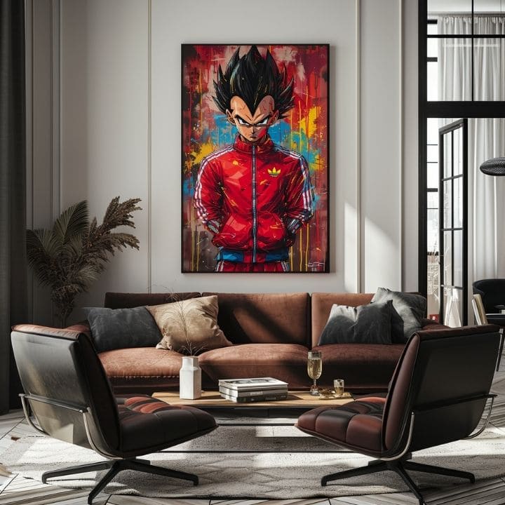 Рачно насликана слика на платно со мотив Saiyan: Sila bojovníka во црвено-црно нијанси, интензивна атмосфера, поп култура и сила и моќ | Слика Saiyan: Sila bojovníka – производ, поглед 3