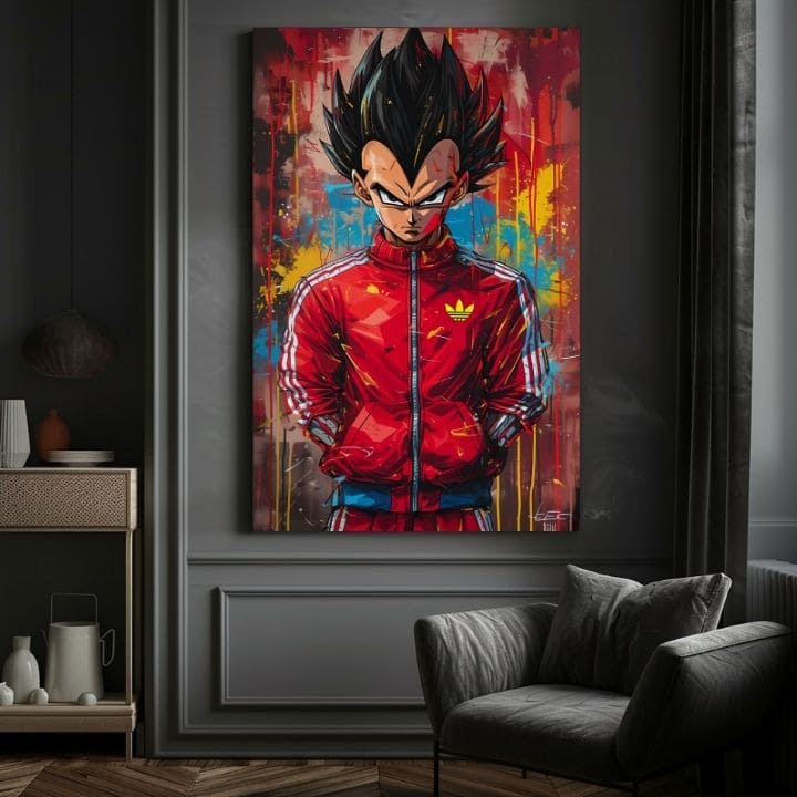 Рачно насликана слика на платно со мотив Saiyan: Sila bojovníka во црвено-црно нијанси, интензивна атмосфера, поп култура и сила и моќ | Слика Saiyan: Sila bojovníka – производ, поглед 4
